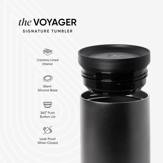 Simple Modern Travel Coffee Mug Tumbler with 360° Lid | Ceramic-Lined Insulated Stainless Steel Cold Brew Iced Coffee Cup | Gifts for Women Men Her Him | Voyager Signature | 12oz | Midnight Black