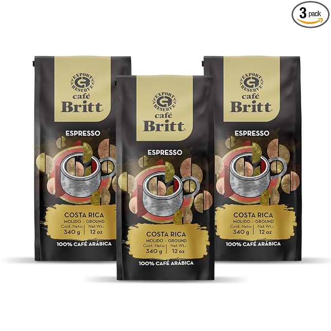 Café Britt® - Costa Rican Espresso Coffee (12 oz.) (3-Pack) - Ground, Arabica Coffee, Kosher, Gluten Free, 100% Gourmet & Dark Roast