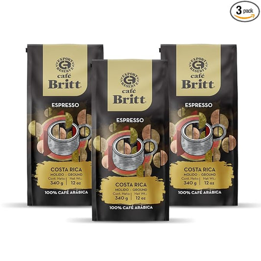 Café Britt® - Costa Rican Espresso Coffee (12 oz.) (3-Pack) - Ground, Arabica Coffee, Kosher, Gluten Free, 100% Gourmet & Dark Roast