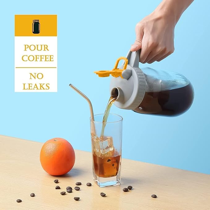 Cold Brew Coffee Maker - 2 Quart (64 oz) Coffee Strainer Mesh Filter with 2pcs Wide Mouth Flip Cap Lids with Handle for Ball Mason Jar, Suitable for Cold Brew, Lemonade, Iced Tea (Green & Orange)