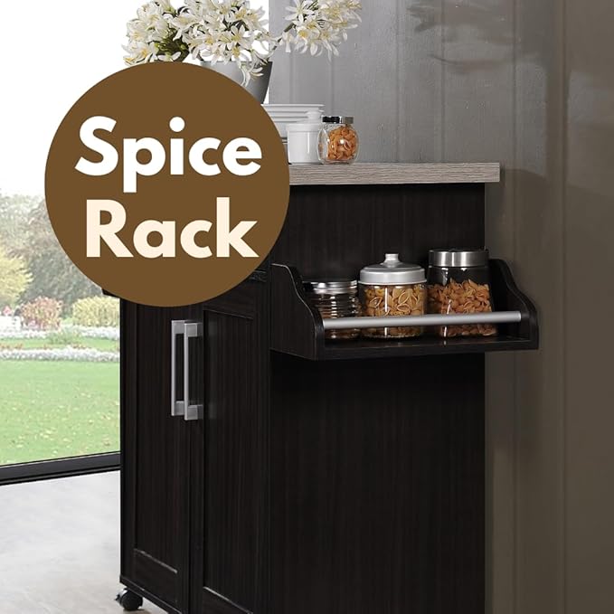 Hodedah Rolling Wood Kitchen Island Cart with Spice Rack, Towel Rack, Utensil Drawer plus Cabinet, White with Beech Top