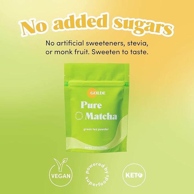 GOLDE - Pure Matcha - Ceremonial Grade Matcha Powder - Green Tea Superfood w/L-Theanine & Antioxidants - 60mg Caffeine - Jitter Free Energy - 100g Pouch