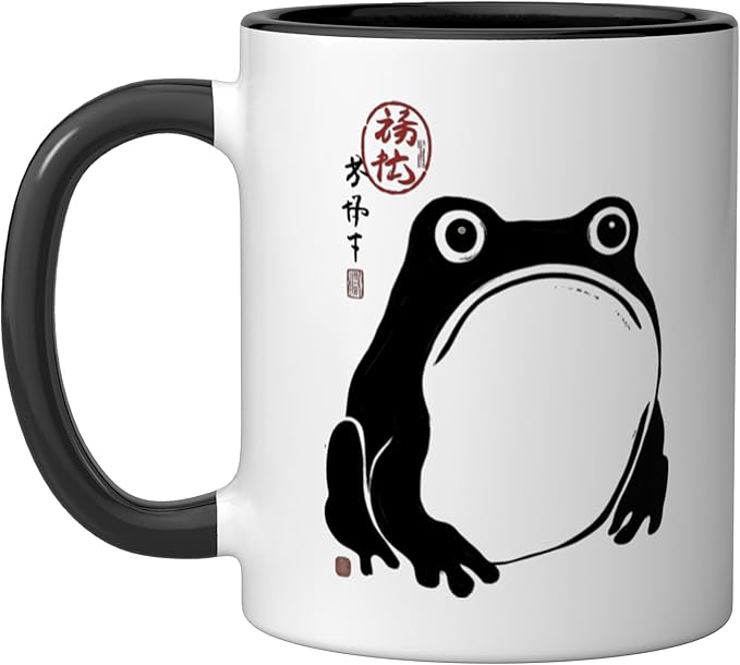 Grumpy Frog Japanese Minimalist Art Frog Lover Ceramic Mug, Black/White