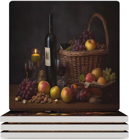 Red Wine Drink Coasters, Square Ceramic Drink Coaster Square-4PCS, Red Wine Bottle and Grapes on Wood Fruit Print Decor Absorbent Ceramic Coasters for Beverage Cup, Bar, Coffee Table