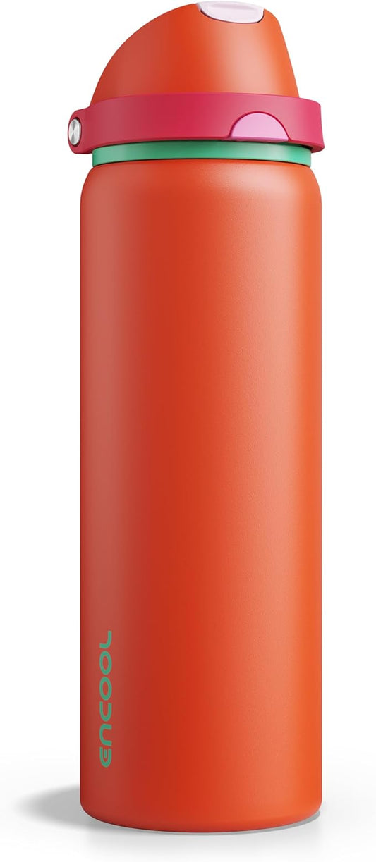 Insulated Water Bottle with Straw - Encool Stainless Steel Water Bottle with Push Button Lid, Leak-Proof & BPA-Free, Keeps Cold for 24 Hours for Sports, Travel, Gym (32 oz, Grapefruit Red)