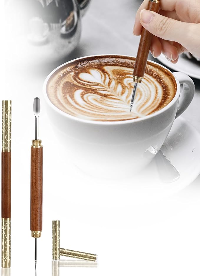 1PCS Latte Art Pen with Rosewood Handle, 304 Stainless Steel Coffee Needle & Mini Sculpting Spoon, Vintage Brass Cap, Latte Pen for Coffee Foam Etching, Coffee Bar Accessory