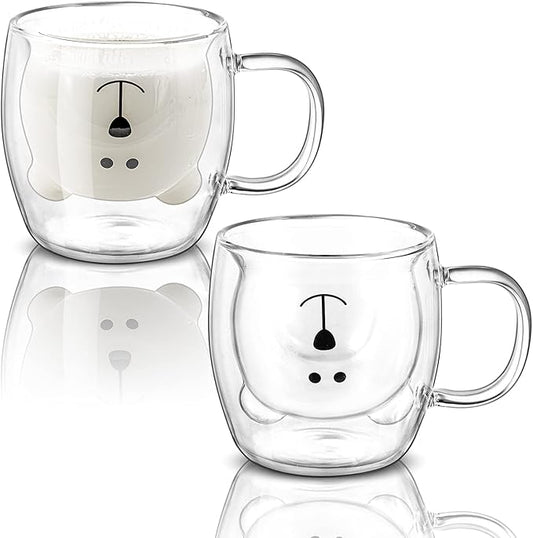 Yopay 2 Pack Glass Bear Coffee Mugs, 8.5 oz Double Wall Insulated Cute Kids Coffee Milk Beer Cups for Latte, Cappuccino, Americano, Tea, Beverage, Valentine's Day Birthday