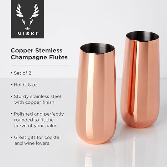 Viski Stemless Champagne Flutes, Stainless Steel Sparkling Wine Glasses for Prosecco, Sparkling Cocktails, Mimosas, Elegant Glassware for Wedding Gifts, Home Bar, 8 oz, Set of 2, Copper