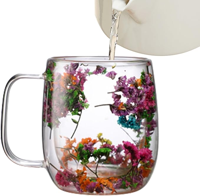 Dried Flowers Insulated Glass Double Wall Coffee Mug With Handle 250ml/390ml Transparent Double Glases Flower Tea Cup Latte Coffee Cup Borosilicate Glass Tea Mug