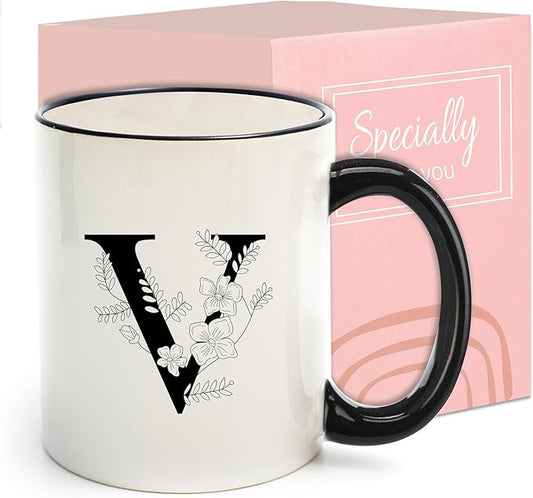 Monogram Ceramic Coffee Mugs, 11 oz Initial Drinking Cup with Gift Box, Unique Birthday Valentines Day Gifts for Women Wife Mothers Day Grandma Mom Aunt, V