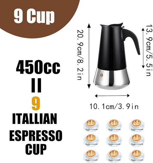 DITOSH 9 Cup Stovetop Espresso Maker Stainless Steel Moka Pot Stove Top Percolator Italian Coffee Makers Capable Mocha Greca Machine Cafe Classic Induction Cookers for Home and Camping 450ml 15oz