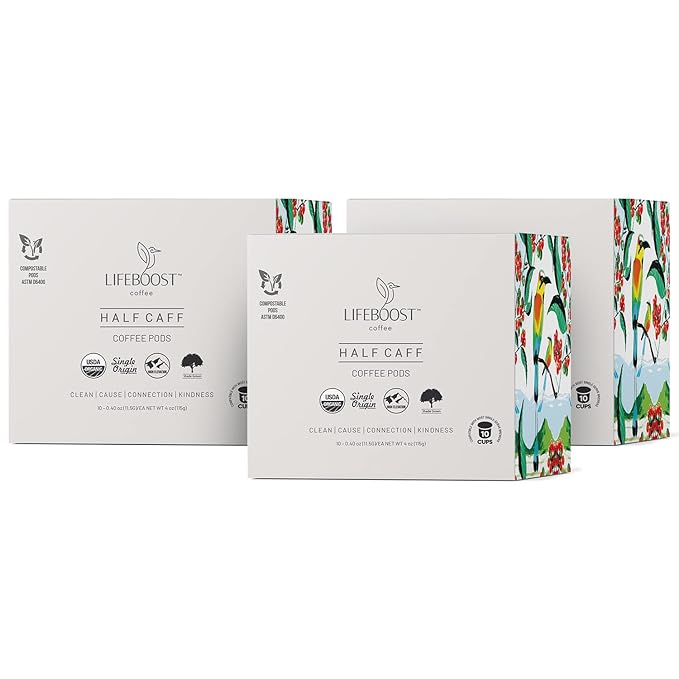 Lifeboost Half Caff Coffee K Cups - Low Acid Half Caff Coffee Pods - Non-GMO Mold Free Pods Compatible with Keurig & Keurig 2 - Third Party Tested for Mycotoxins and Pesticides - 10 Count