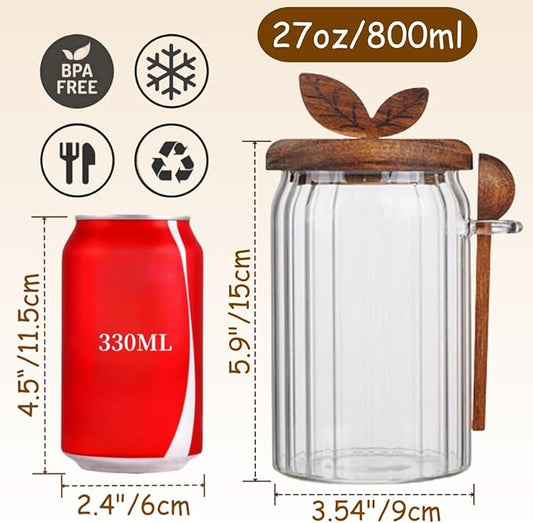 ANSQU Glass Jar with Wooden Lid and Spoon, Food Storage Containers Coffee Jar Coffee Grounds Container, 27oz Coffee Canister holds up to 8.5oz of Coffee Beans