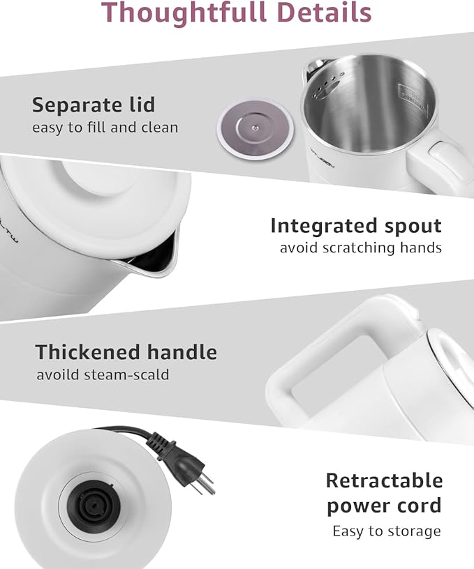 WTJMOV 0.6L Small Electric Tea Kettle Lightweight, 20 Ounce Double Wall Hot Water Boiler Stainless Steel Auto Shut-off, 120V Portable Travel Electric Kettle Fast Boil for Tea and Coffee,White