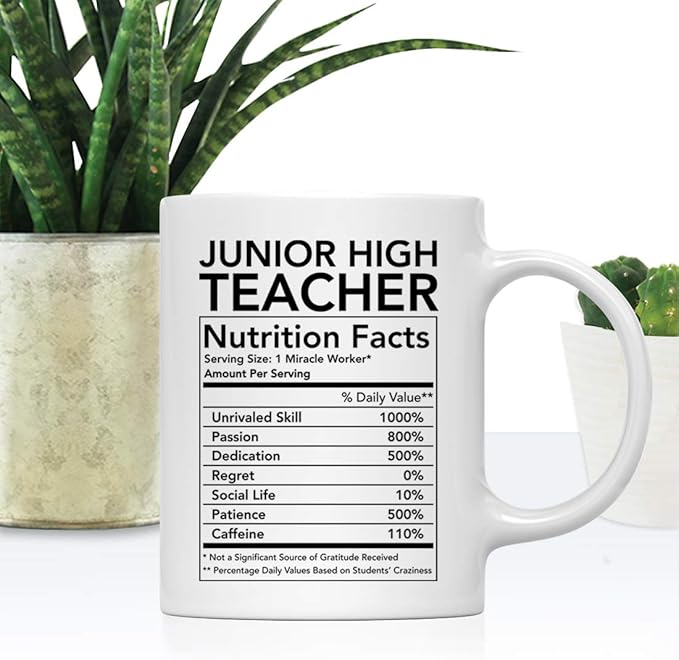 Andaz Press Funny 11oz. Ceramic Coffee Tea Mug Thank You Gift, Junior High Teacher Nutritional Facts, 1-Pack, Novelty Gag Birthday Christmas Gift Ideas Coworker