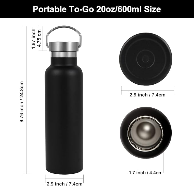Neihepal 20 oz Insulated Water Bottles,Stainless Steel Double Wall Sport Bottle with Lid of Handle (8, Black)