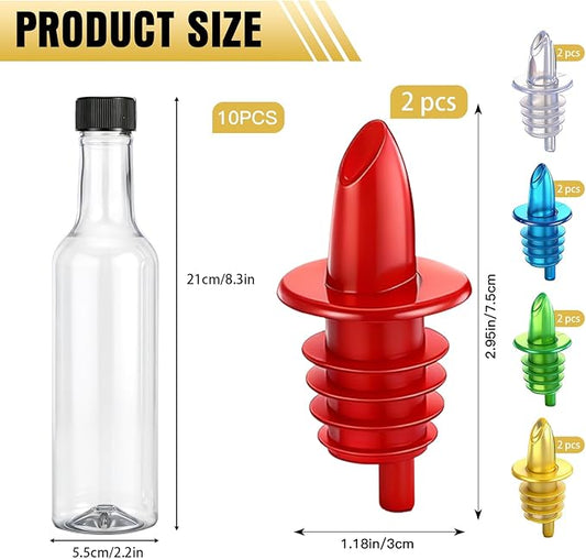 Tioncy 10 Sets 10oz Plastic Liquor Bottles with Pourers Sets 10 Plastic Long Neck Syrup Bottles with Pourer and Caps Reusable Leakproof for Home Party Bar(Multicolor)