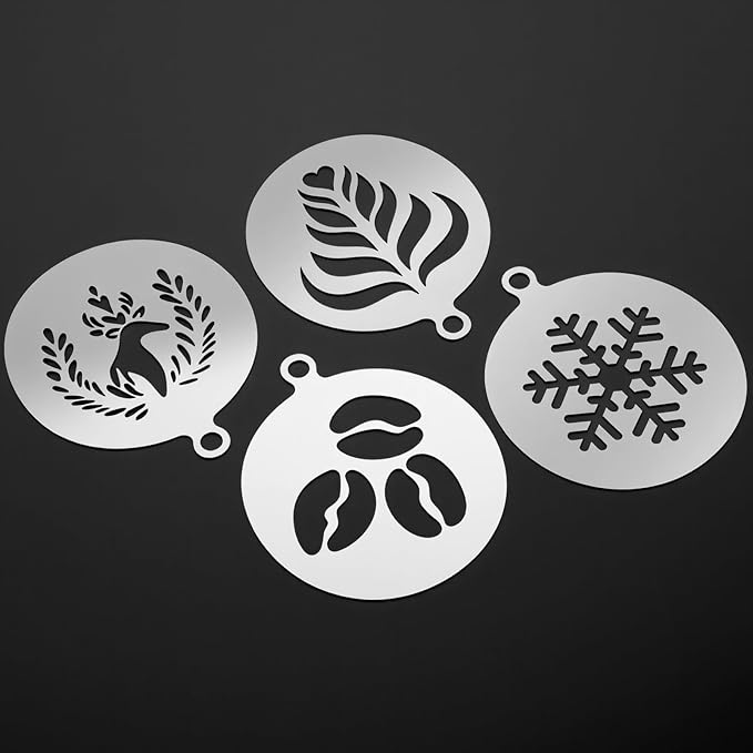 4 Pcs Coffee Stencils Latte Art, Latte Art Stencils Stainless Steel Construction, Coffee Stencil Short Handle Design for Professional Home Cafe and Baking Decoration Use