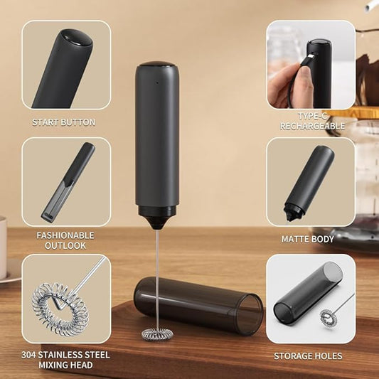Electric Milk Frother Handheld, USB Rechargeable Portable Whisk, Stainless Steel Foam Maker for Coffee, Latte, Matcha, Home and Travel
