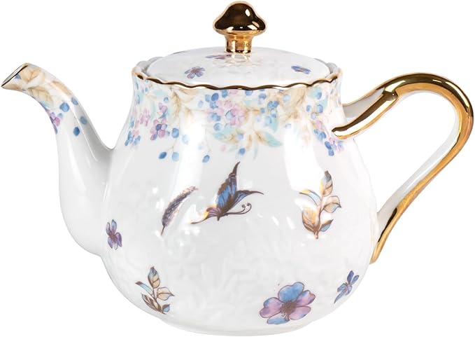 KAMMAK Teapot with Handle, Vintage Porcelain Tea Pot with Gold Trim, Blooming & Loose Leaf Teapot, Festive Holiday Serveware, Gifts for Women, Colorful - 37 oz
