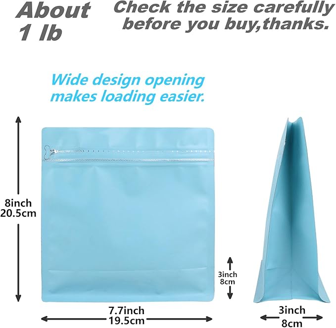 60 Pack High Barrier Stand-Up Coffee Bean Bags with Vented Valve Matte Metallic Heat-Sealable & Resealable Solid Color Pouches (Square,7.7 * 8 inch,1 lb,Daphne Blue)