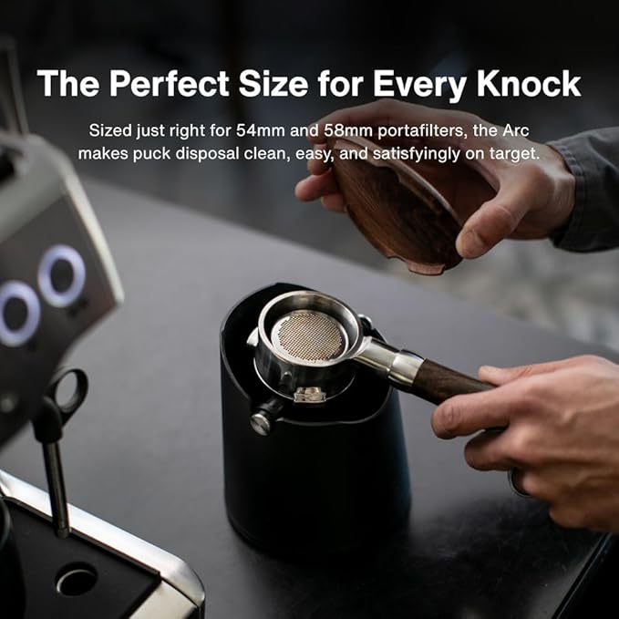Crema Coffee Products Arc Knock Box | Holds 12–16 Espresso Pucks | Durable Stain Resistant Build with Non Slip Base | Walnut Plastic Lid | Easy Clean Up Moisture Control | Black Finish