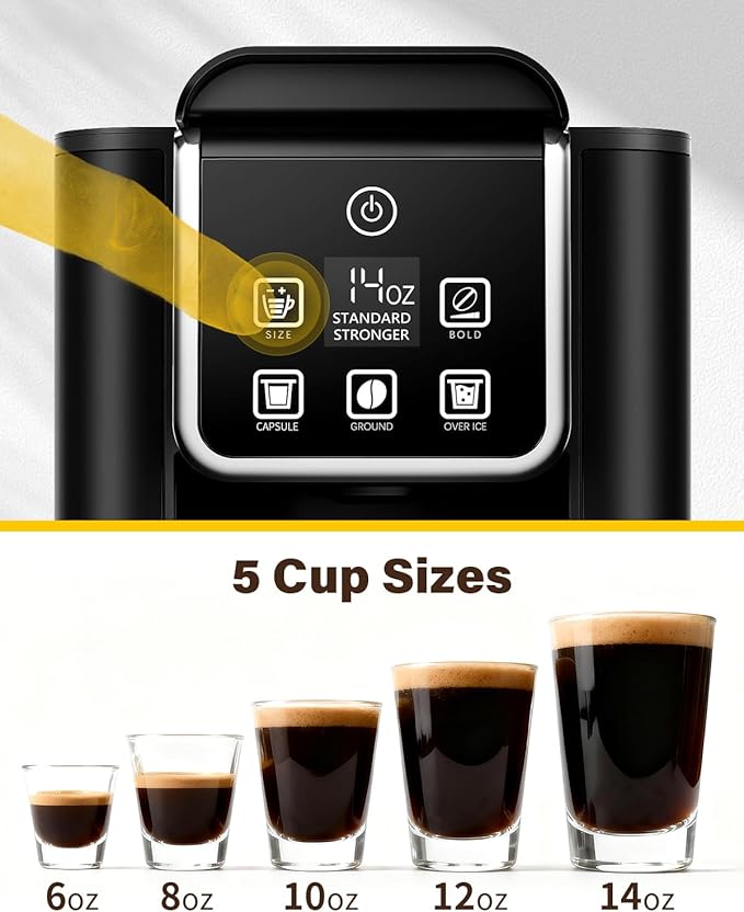 SHARDOR Single Serve Coffee Maker Upgrade, Hot & Iced Coffee Machine for K Cup and Grounds, 6 to 14 oz Brew Sizes, 50 oz Removable Water Tank, Bold Brew Setting, Pod Maker with Reusable Filter, Black