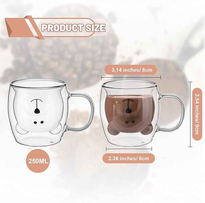 Patelai Cute Bear Tea Cup Double Wall Glass Milk Coffee Bear Mug with Handle Insulated Espresso Christmas Beer Cup Cute Birthday Gift for Women Men Valentine, 250 Ml/ 8. 4 oz(White,1 Piece)