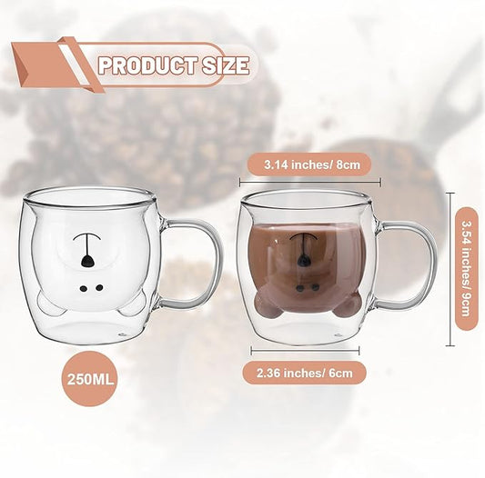 Patelai Cute Bear Tea Cup Double Wall Glass Milk Coffee Bear Mug with Handle Insulated Espresso Christmas Beer Cup Cute Birthday Gift for Women Men Valentine, 250 Ml/ 8. 4 oz(White,1 Piece)
