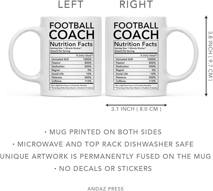 Andaz Press Funny 11oz. Ceramic Coffee Tea Mug Thank You Gift, Football Coach Nutritional Facts, 1-Pack