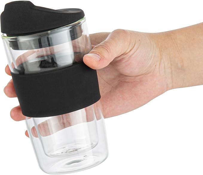 Restaurantware - Forma Professional 11.8 Ounce Insulated Travel Mugs, 10 Double Wall Coffee Mugs - Includes Lids And Sleeves, Reusable, Clear Borosilicate Glass Tumblers, Dishwashable, Microwavable