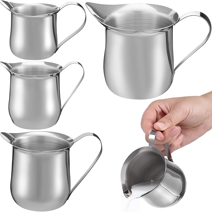 Honeydak 4 Pcs 2, 3, 5, 8 OZ Stainless Steel Bell Creamers Pitcher Mini Cup Container Espresso Shot Frothing for Serving Milk Coffee Cream for Restaurant Cafes Home