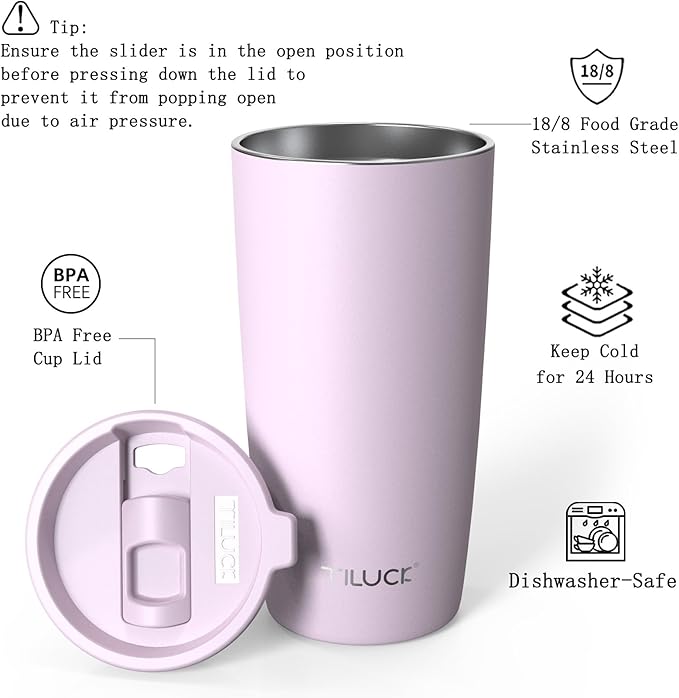 TILUCK 20 oz Tumbler with Lid, Vacuum Insulated Stainless Steel Coffee Mug, Double-Walled Travel Tumbler for Hot and Cold Drinks(LightPurple, 20oz)