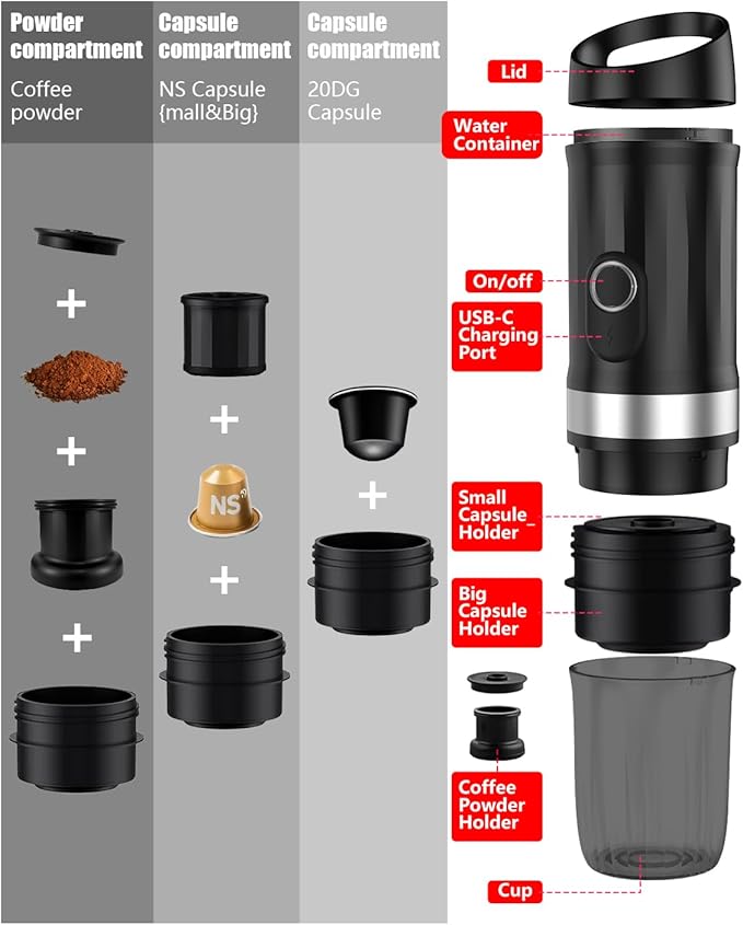Portable Espresso Machine 3Minute Auto Heat12V Rechargeable Electri Coffee Maker 20 BaCompatible with NS DG Capsules and GroundCoffee for Camping, Travelling RVing HikingandOffice (‌Charcoal black)