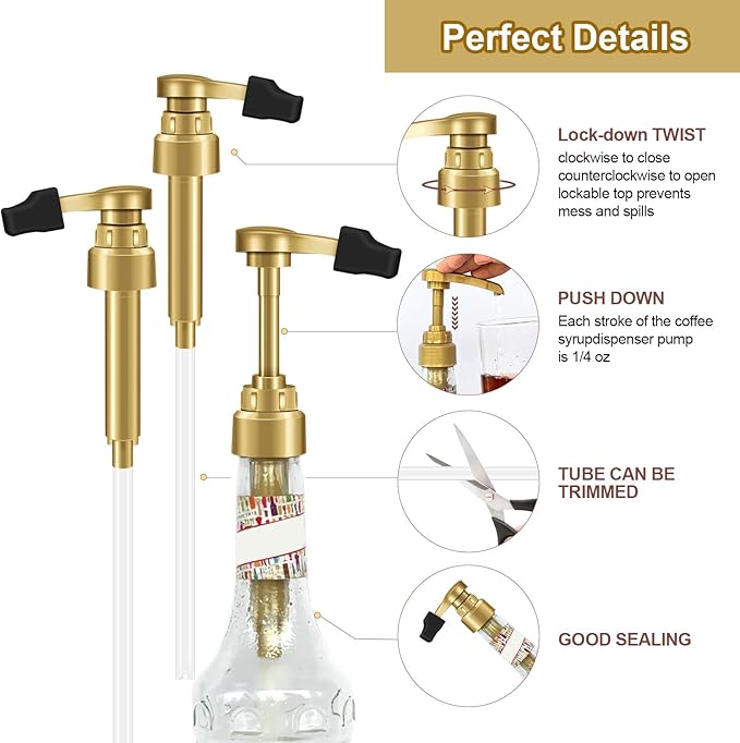 2 Golden Syrup Pump Heads, Exclusively Compatible with Glass 750 ml (25.4 fl oz) Bottles (2-Pack), Featuring Pointed Cap