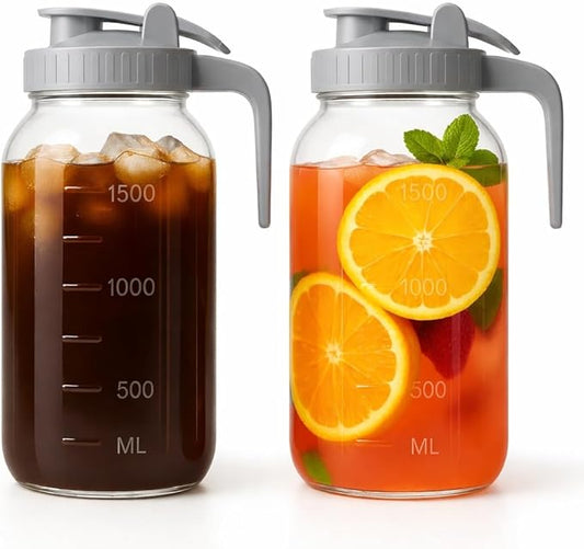 | 2 Pack | 64oz | Glass Pitcher with Lid Wide Mouth, 2 Quart (1.9 Liter) Mason Jar Pitcher with Lid and Spout, Leakproof Water Jug for Water, Juice, Tea, Iced Coffee, Milk Storage, Grey