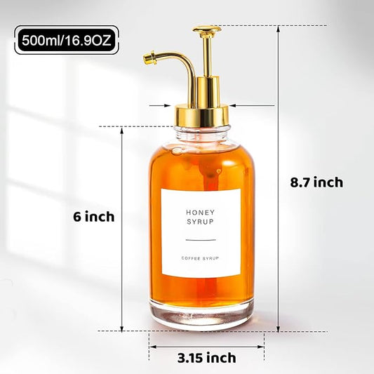 2 Pack Coffee Syrup Dispenser, 16.9 oz 500 ml Coffee Pump Dispenser, Glass Syrup Bottle with 36 Labels and Golden Pumps, Soap Dispenser for Coffee Bar Accessories, Caramel