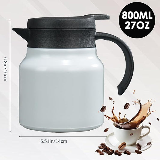 27 oz Single Stainless Steel Thermal Coffee Carafe, Double Wall Vacuum Insulated Creamer Container, Beverage Dispenser for Milk and Hot Chocolate, Tea Pot. (White)