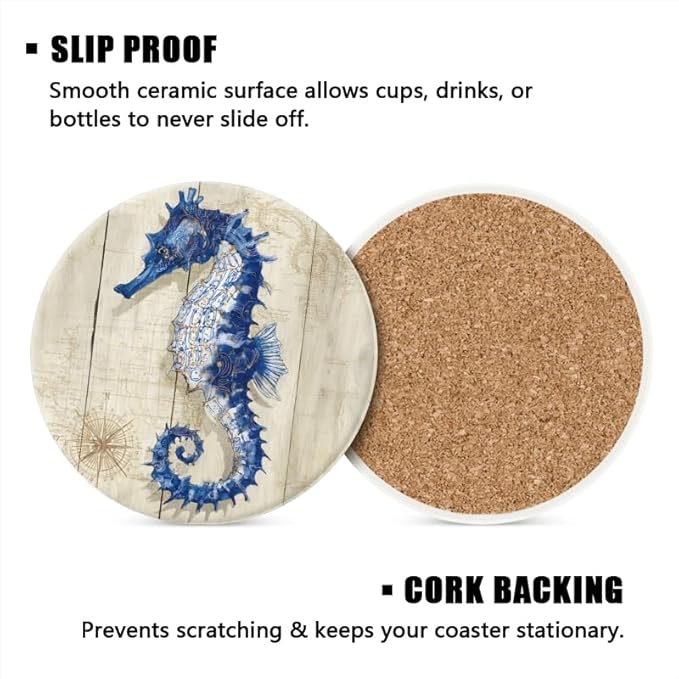 Drink Coasters Set of 6 with Holder Vintage Marine Style Wood Grain Nautical Coasters Cork Base Absorbent Ceramic Coasters,Ocean Themed Gifts,Suitable for Dining Tables & Coffee Tables