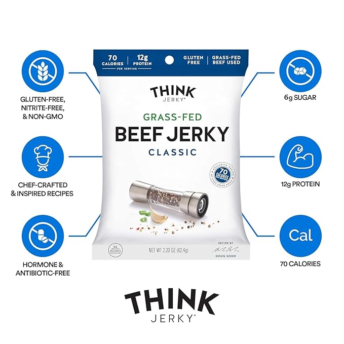 Think Jerky Classic Beef Jerky, Grass-Fed High Protein Beef Jerky, Gluten Free, No Antibiotics or Nitrates, Healthy Chef Crafted Recipe, Low Calorie and Low Fat - 2.2 oz Bags, 8 Pack