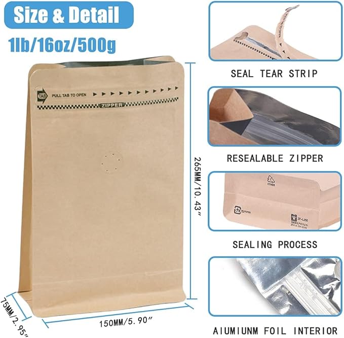 coffee bags with Valve High Barrier Aluminumed Foil Flat Bottom Standing Coffee Beans Storage Bags,Reusable Heat Sealable Side Zipper Pouches (16oz/50pcs, Kraft)