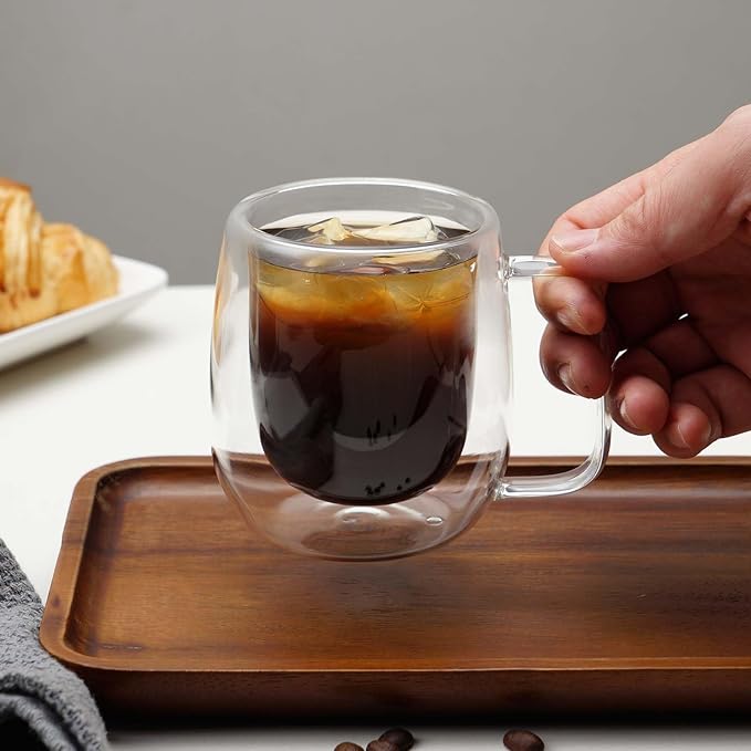 Double Wall Glass Coffee Mugs -8.2Oz Clear Insulated Glass Espresso Cups with Handle Mugs for Hot Beverages,set of 2 Perfect for Cappuccino Latte Americano Tea Bag (Small (2 PACK))