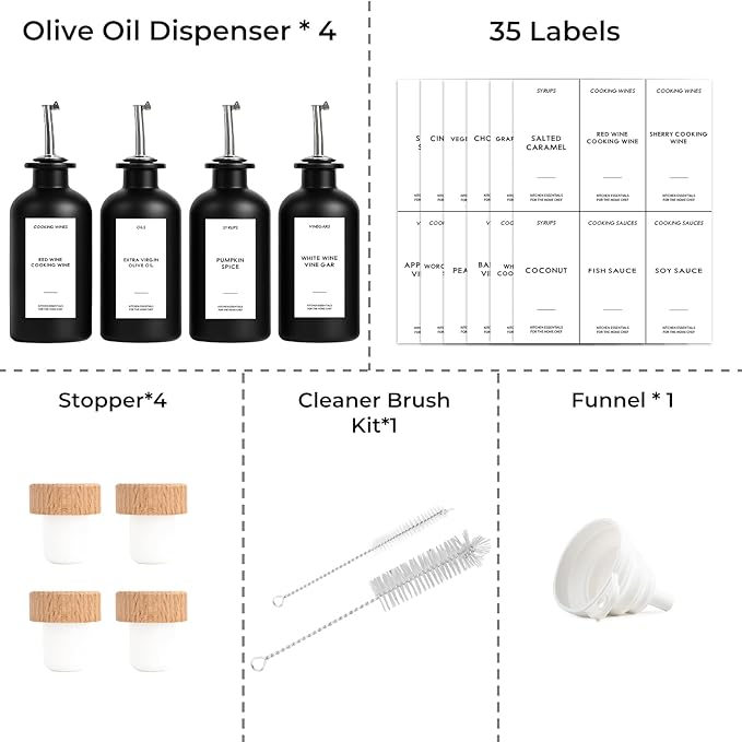 4PCS Olive Oil Dispenser Bottle For Kitchen, Soy Sauce Dispenser w. Labels, Glass Oil and Vinegar Dispenser Set, Coffee Syrup Dispenser，Cooking Oil Dispenser (Black,12OZ)