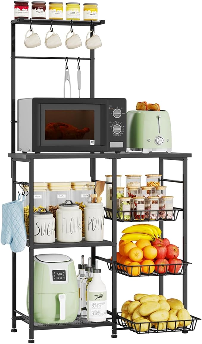 SWTYMIKI Bakers Rack with Storage - Coffee Bar Cabinet with Shelves, Coffee Station Organizer and Kitchen Stand with 8 Hooks, Baskets, Adjustable Feet for Kitchen Dining Room Pantry, Black