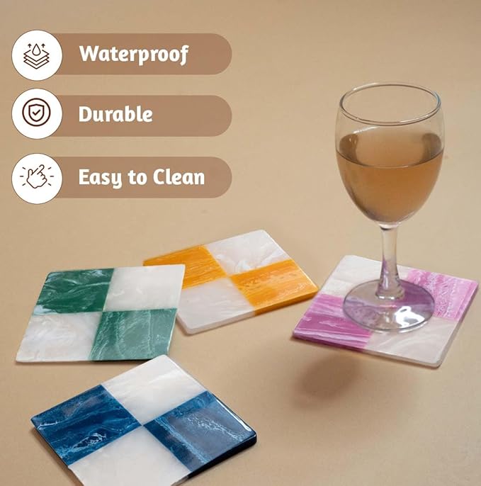 Folkulture Coasters Set of 4 | (4") Resin Drink Coaster for Coffee Table | Handmade Coasters for Drinks | Cute Cup Coaster Waterproof | Non Slip for Bar, Party, Housewarming Gifts