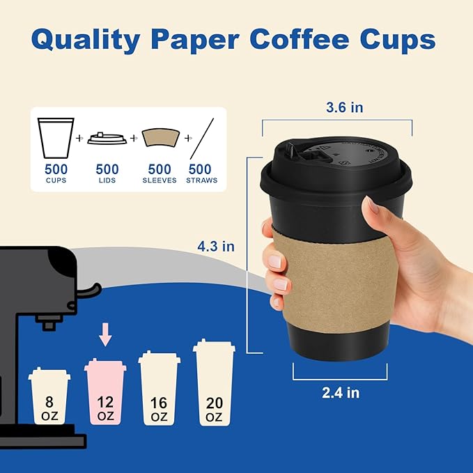 Coolcap 12 oz 500 Pack Coffee Cups with Lids and Sleeves, Straws, Hot Disposable To Go Travel Paper Cups Bulk for Office, Home Coffee Bar Accessories, Chocolate, Cocoa, Beverage (Black)