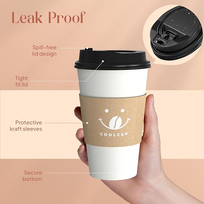 Coolcap Coffee Cups with Lids and Sleeves, 16 oz 50 pack To Go Cups with Lids, Paper Hot Coffee Cups for Hot & Cold Beverage (White, 16 oz)