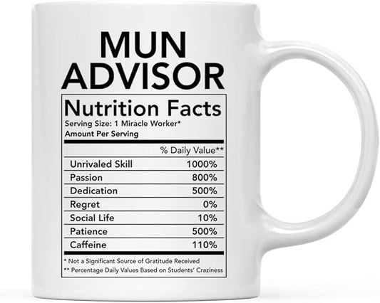 Andaz Press Funny 11oz. Ceramic Coffee Tea Mug Thank You Gift, MUN Advisor Nutritional Facts, 1-Pack, Novelty Gag Birthday Christmas Gift Ideas Coworker