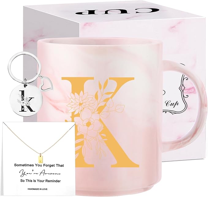 Monogrammed Valentine Day Gifts for Women, 11 oz Initial Ceramic Coffee Tea Mug with Necklace, Unique Mohters Day Birthday Gift for Her Wife Teacher Friend Mom, K