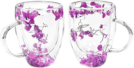 Viovian 13oz Double Wall Glass Coffee Mugs Set of 2 Insulated Glass Coffee Cups with Handles,Clear Dried Flower Tea Mug for Hot Beverages,Tea Cup Women Birthday Gifts